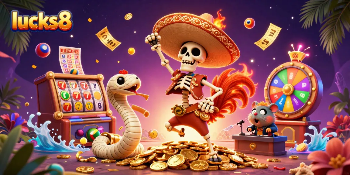 Experience thrilling lucks8 gaming as a 3D cartoon mariachi celebrates surrounded by vibrant casino elements.