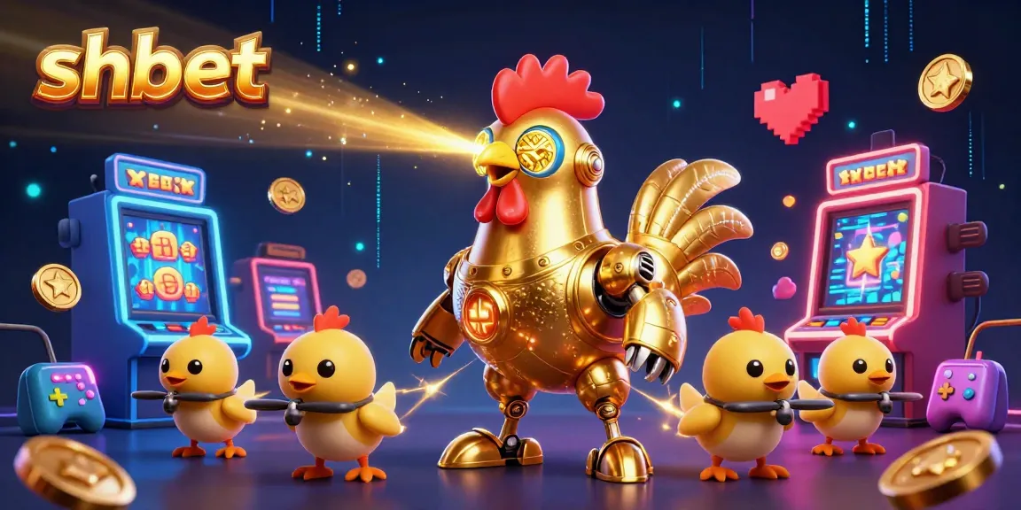 Experience the excitement of shbet with a futuristic golden rooster robot and vibrant casino elements.