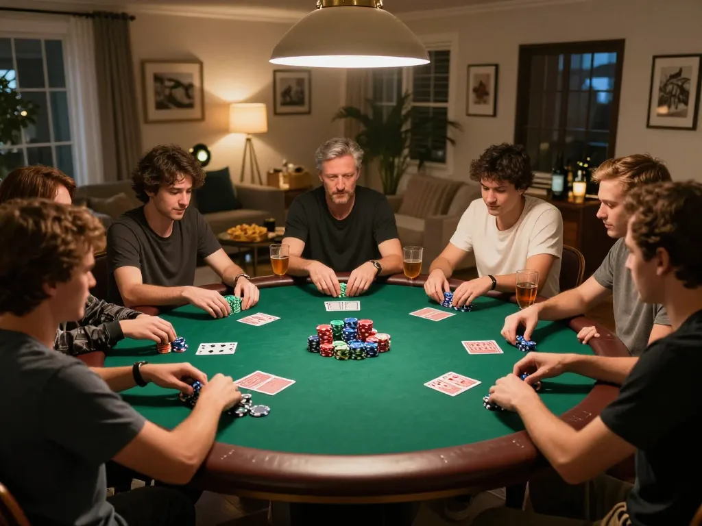 Engaged players strategizing during a poker night at home, showcasing F168's community-focused gaming experience.