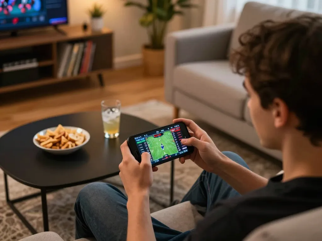 Engaged user placing a bet on sc88e sports betting app while relaxing on the sofa.