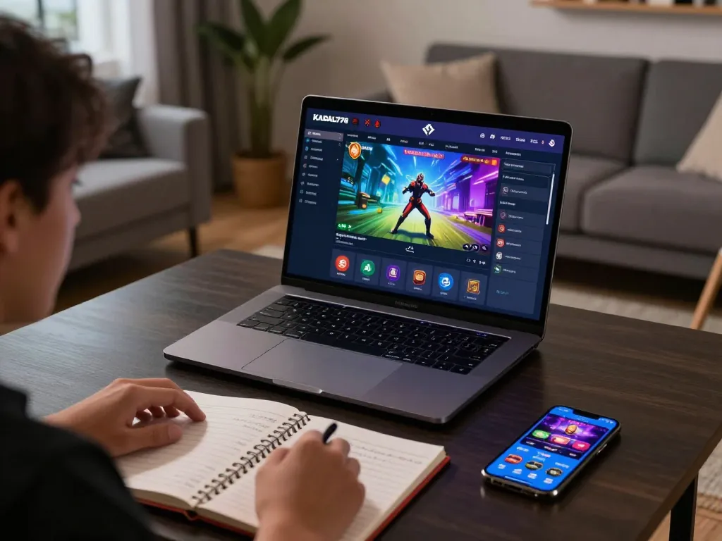 KADAL778 gaming platform on sleek laptop with player engaged in strategic gameplay at home