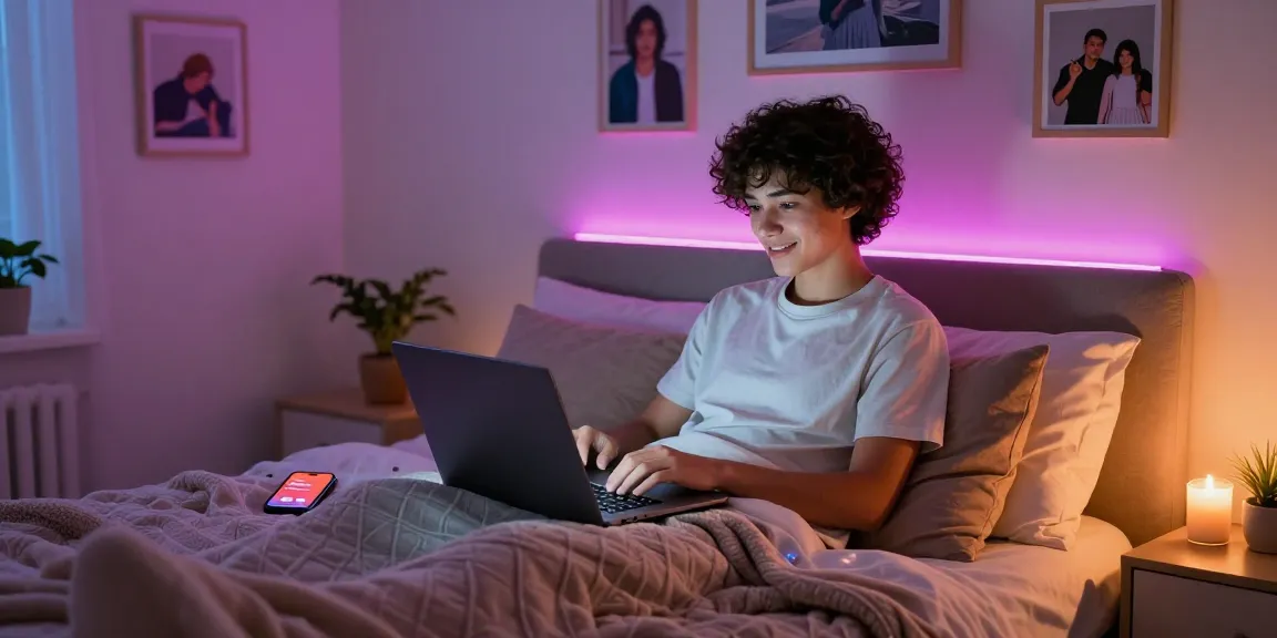 Engaging in an AI sex chat on a laptop, cozy bedroom setting.