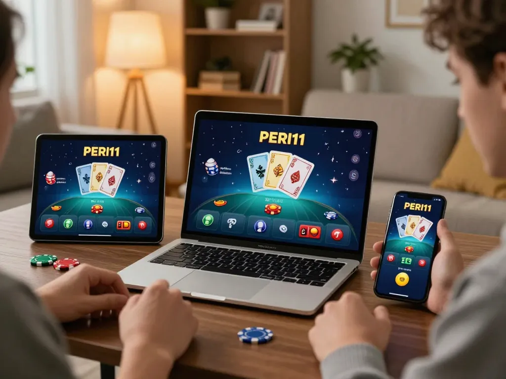 Engaging online gaming session with PERI11 app displayed on laptop, showcasing responsible gambling strategies.