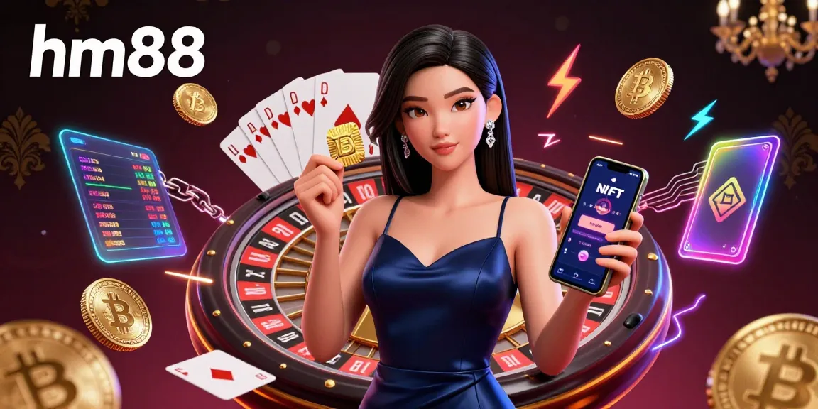 Experience thrilling gaming at hm88 casino featuring a confident Asian woman with a smartphone and roulette wheel.