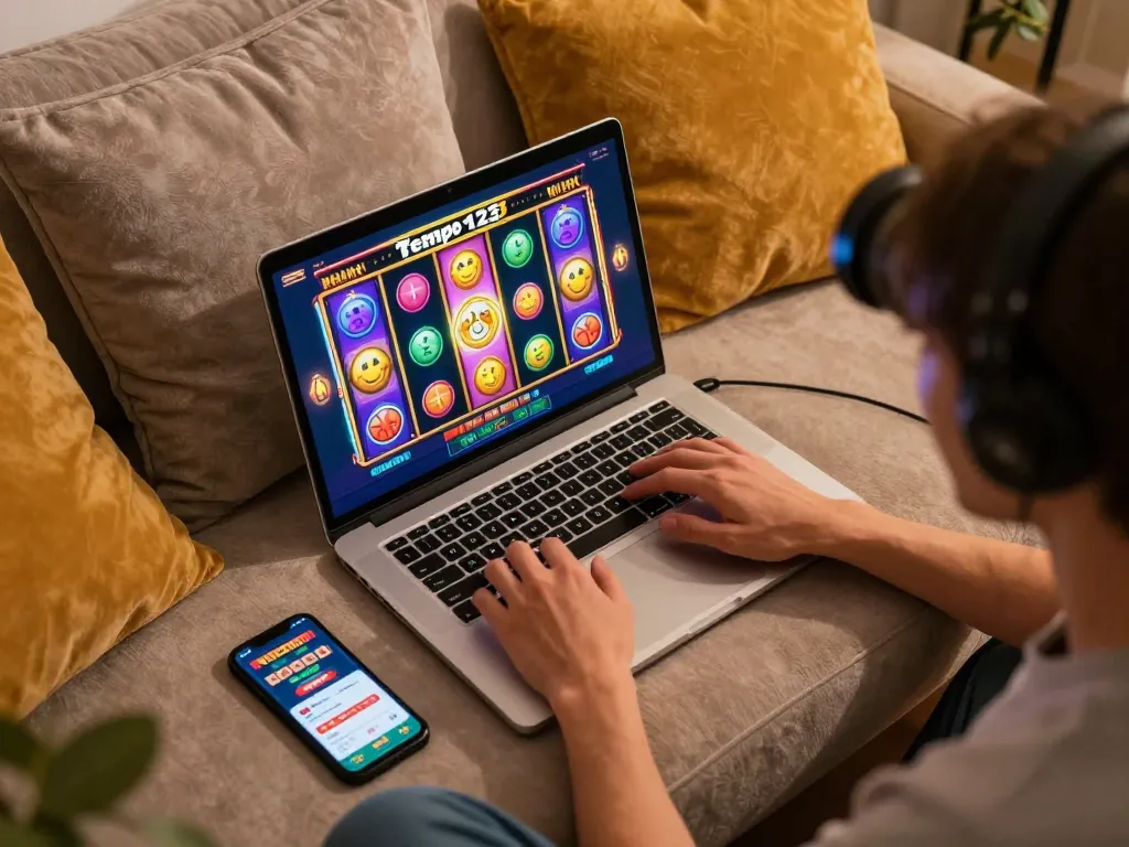 Engaging in Tempo123 Slot gameplay on a laptop in a cozy home setting, showcasing strategic online gambling.