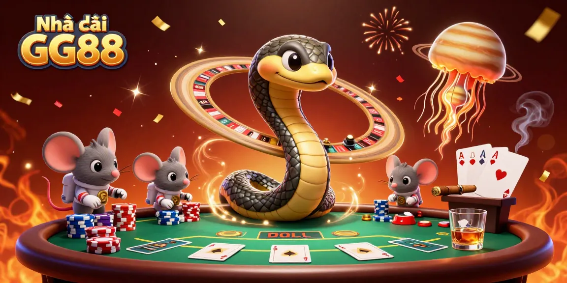 Engage with Nhà cái GG88, featuring a cosmic dealer and astronaut mice betting on a roulette wheel of rings.