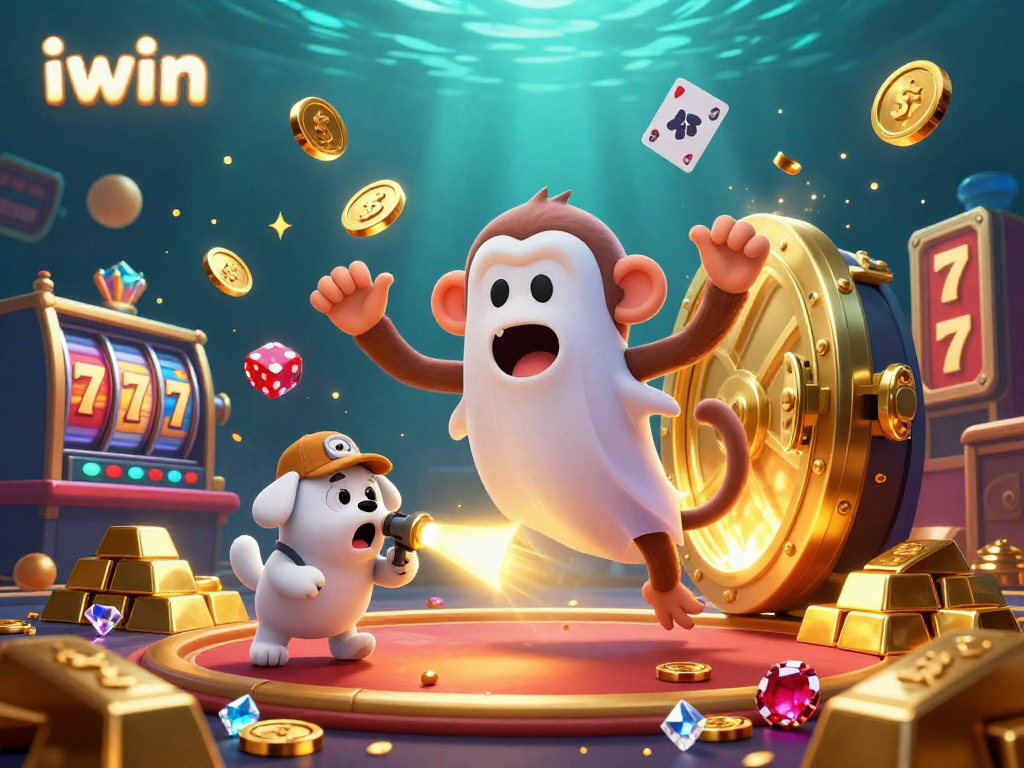 iwin features a playful poltergeist monkey and a puppy in a lively casino scene with golden coins and slots.
