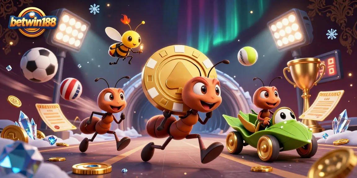 betwin188 showcases a lively heist scene with ants stealing a giant poker chip, dynamic sports elements surrounding.