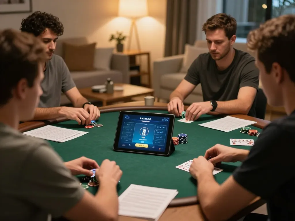 LIGALGO players strategizing at home poker setup with tablet displaying game interface