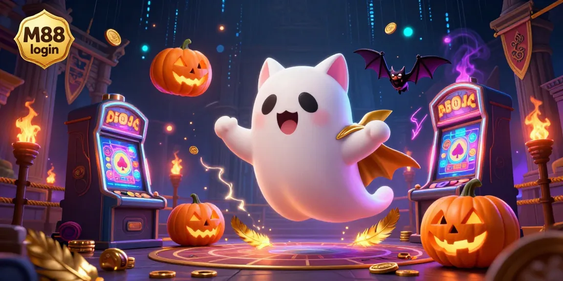 Experience the excitement of M88 login with our lively haunted casino scene featuring a ghost cat and betting symbols.