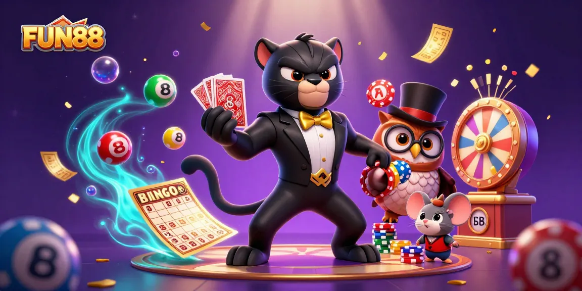 Experience the excitement of FUN88 with colorful lottery balls, poker chips, and vibrant casino elements.