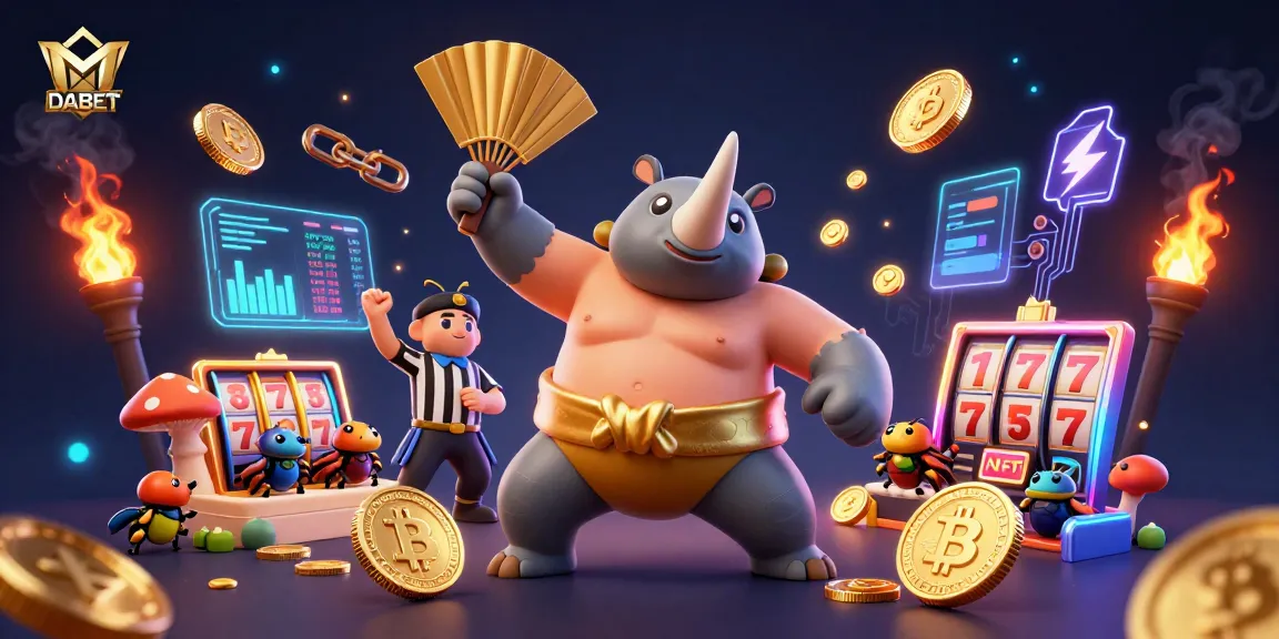 DABET champions exciting casino action amidst dynamic 3D characters, coins, and glowing crypto elements.