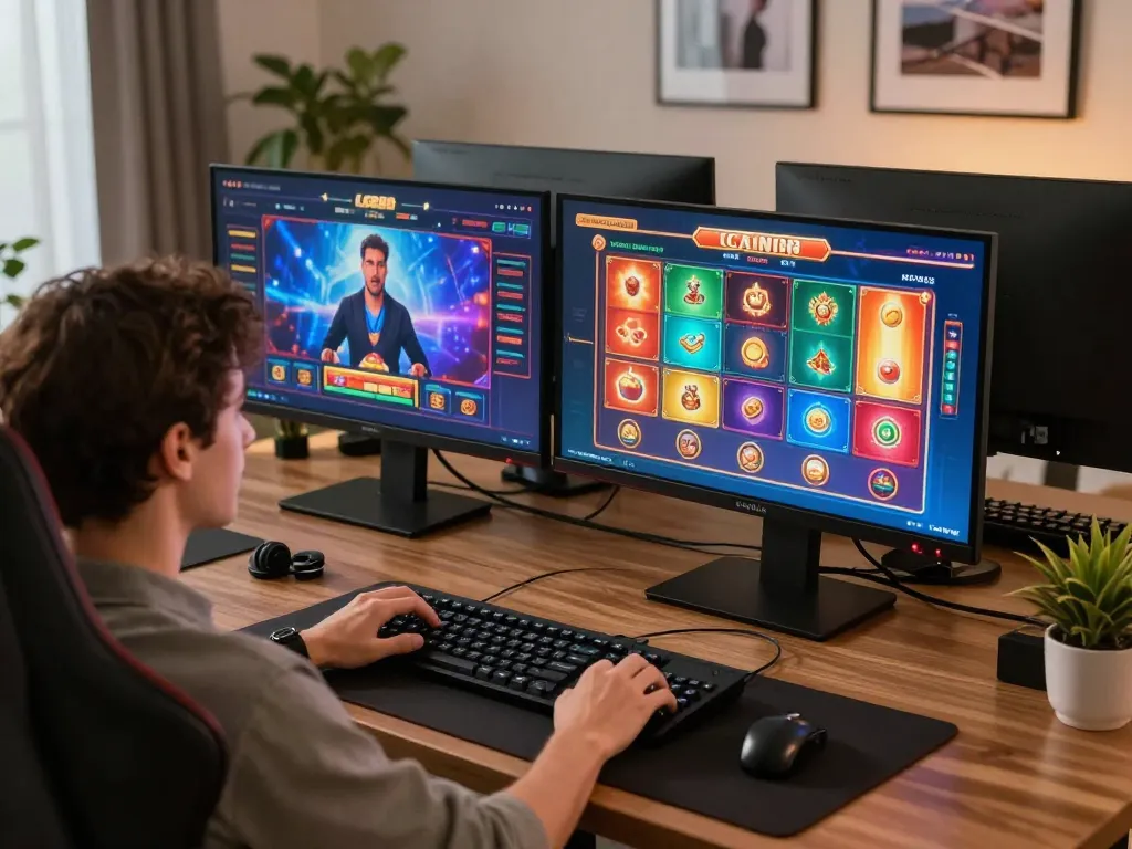 Engaging gaming session with LC88 casino games, person focused on online play in cozy setup.