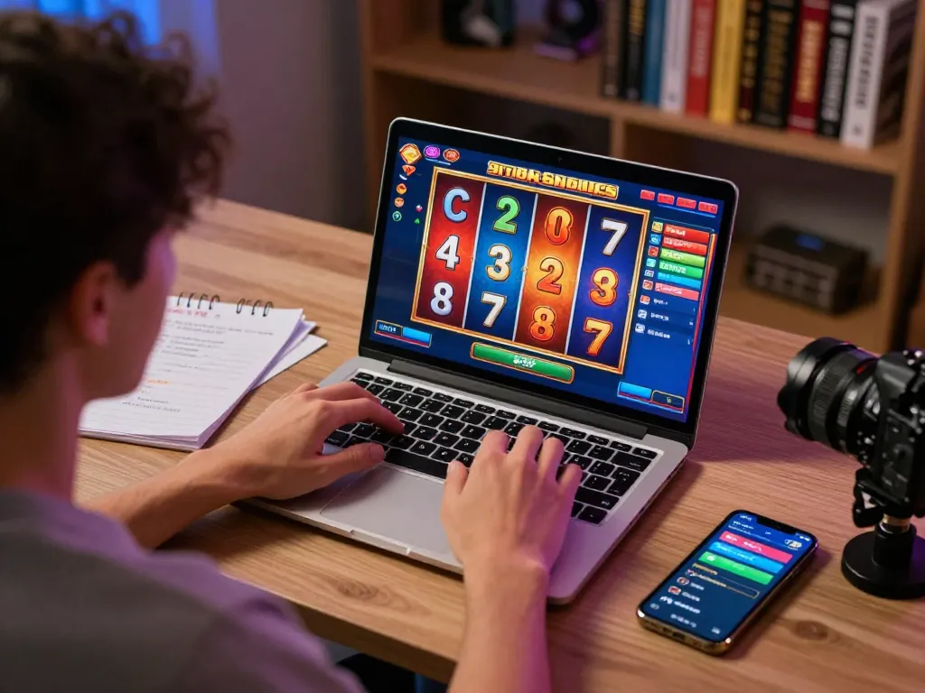 Engaging in situs slot gaming on a laptop, showcasing colorful graphics and strategic notes.