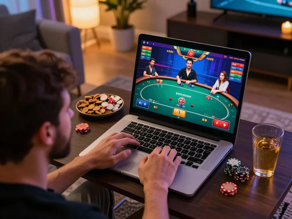tg88 user enjoying online gaming experience on laptop in cozy living room setting