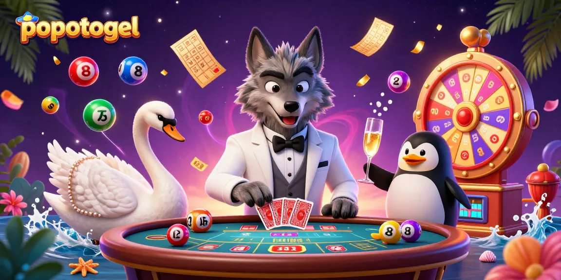 Experience popotogel excitement with lively 3D characters at a dynamic lottery scene.