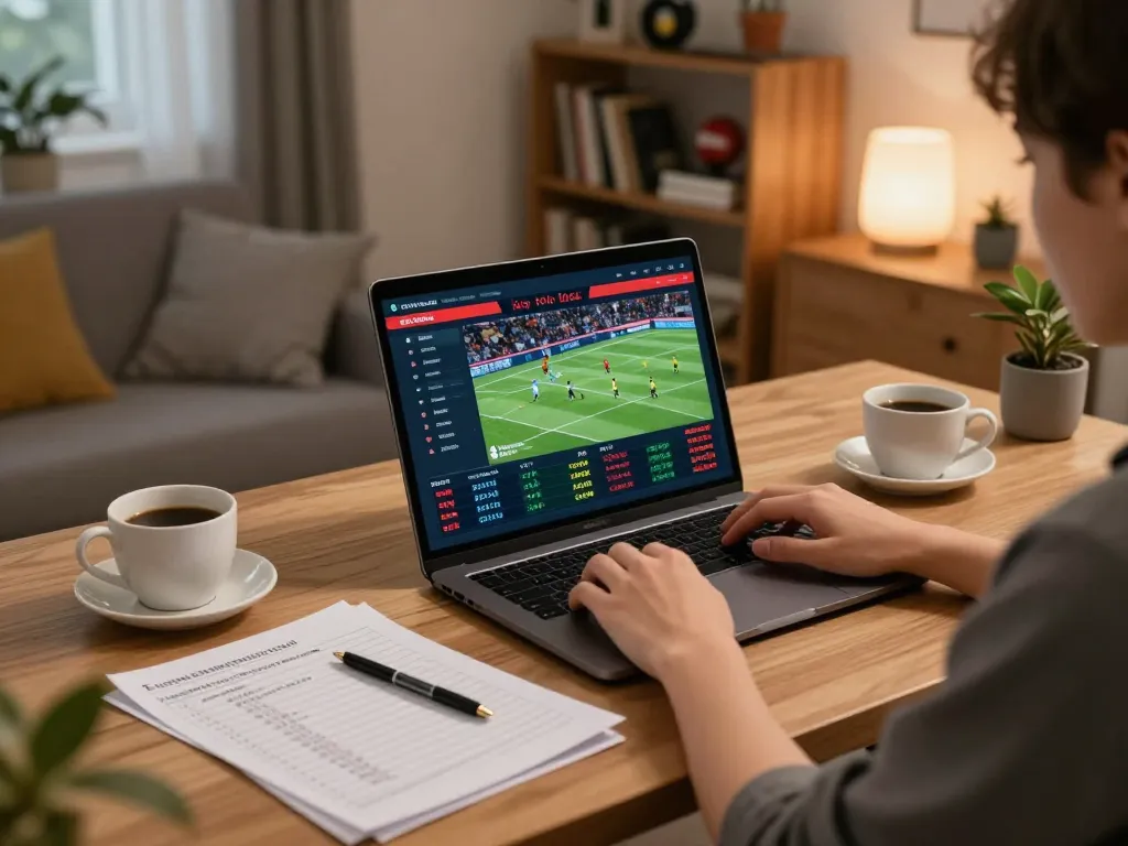 Kèo bóng đá betting on laptop at home office, showcasing strategic analysis.