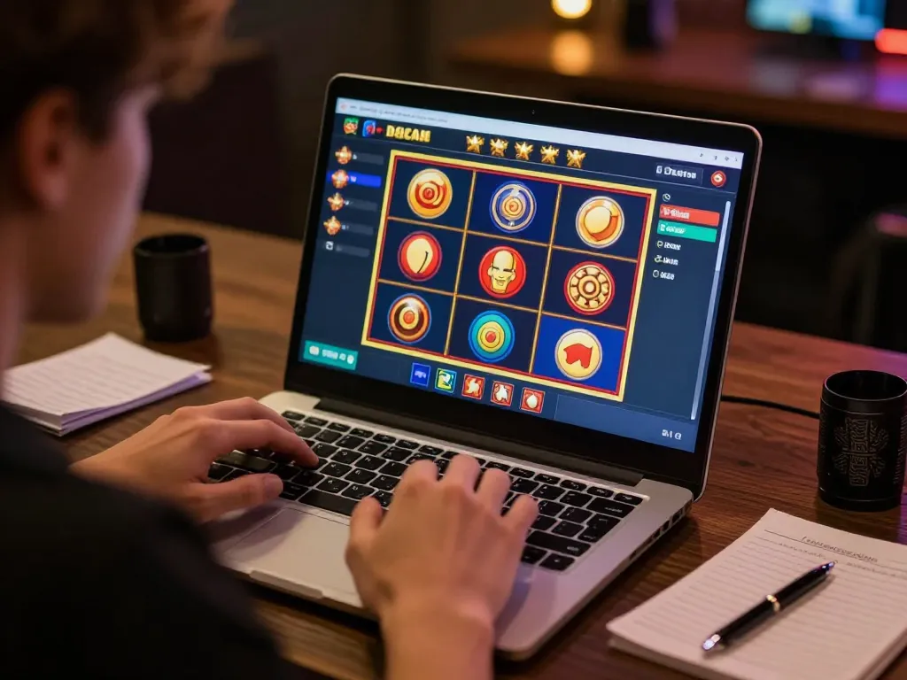 Player enjoying incakoin game on laptop, showcasing online casino gaming experience with strategic focus.
