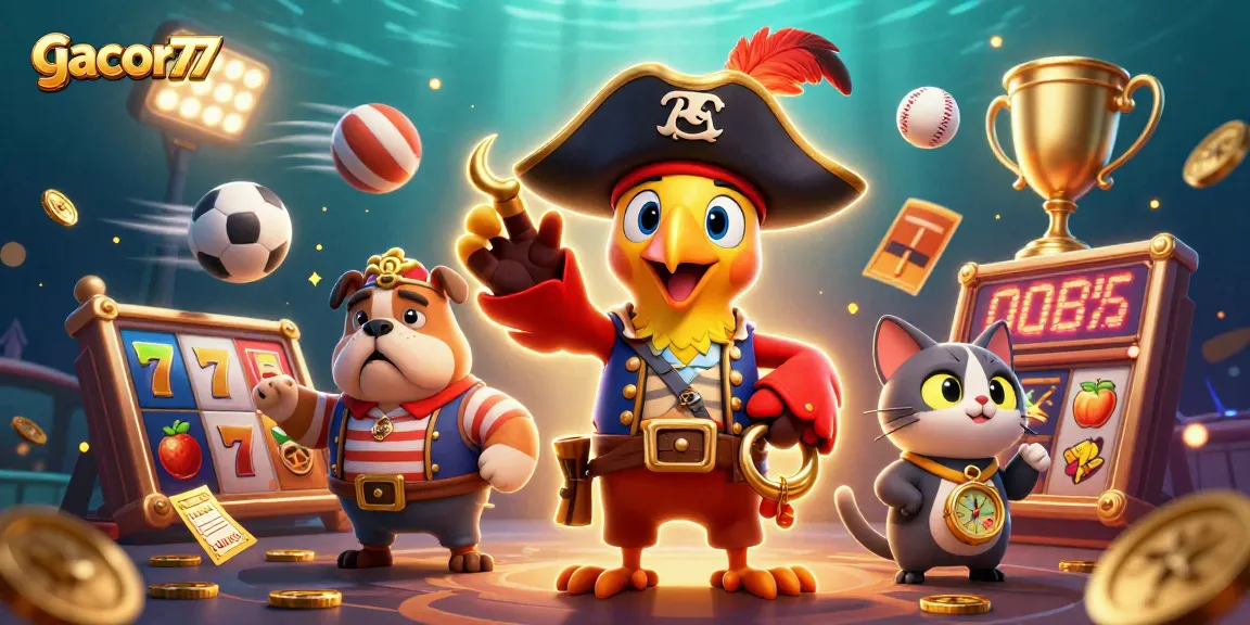 Gacor77 menghadirkan ilustrasi menarik kasino dengan karakter 3D dan simbol slot.