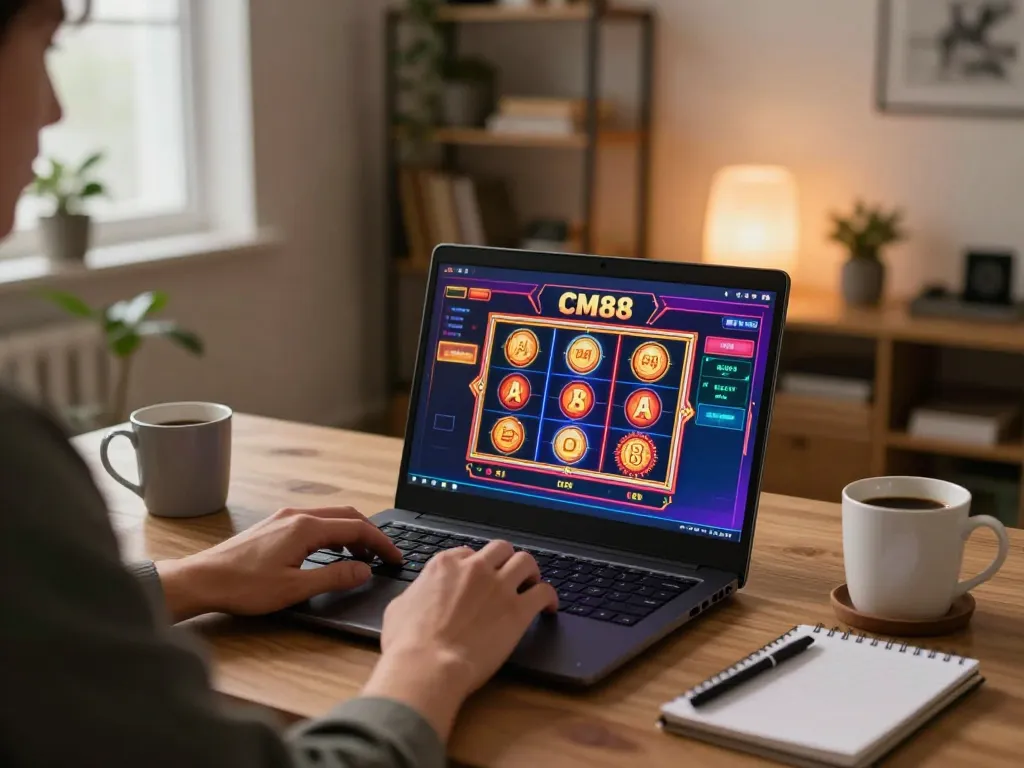 Play casino games at CM88 with a vibrant online setup featuring a laptop and engaged player.