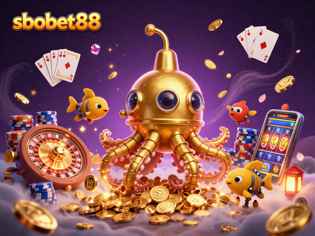 Engage in thrilling betting at sbobet88 with a vibrant scene featuring a golden kraken, rich casino elements, and dynamic gameplay.