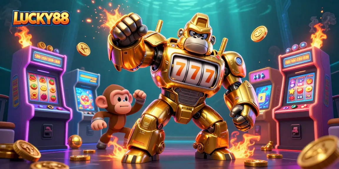 Experience the thrill of LUCKY88 with a dynamic 3D illustration featuring a golden gorilla mech and arcade elements.