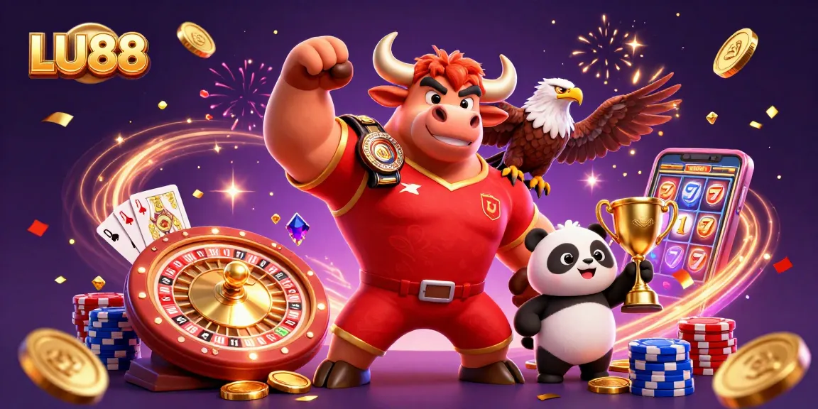 LU88 casino celebration illustration featuring a bull, eagle, and panda with casino elements.