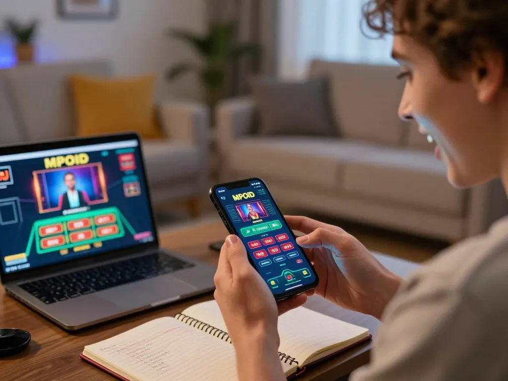 Engaging MPOID gameplay as a user joyfully interacts with the casino app on their smartphone in a cozy home setting.