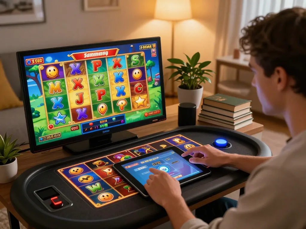 Pemain Pandawin menikmati sesi permainan slot online yang meriah di rumah dengan grafik yang cerah.