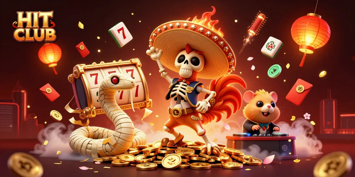The HIT CLUB showcases a vibrant 3D scene of a mariachi rooster and friends winning amidst casino elements.