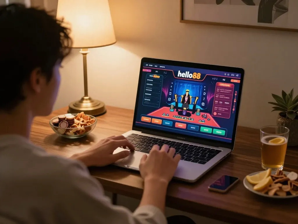 Engaging in strategic online gaming with hello88 interface visible on laptop screen and cozy ambiance.