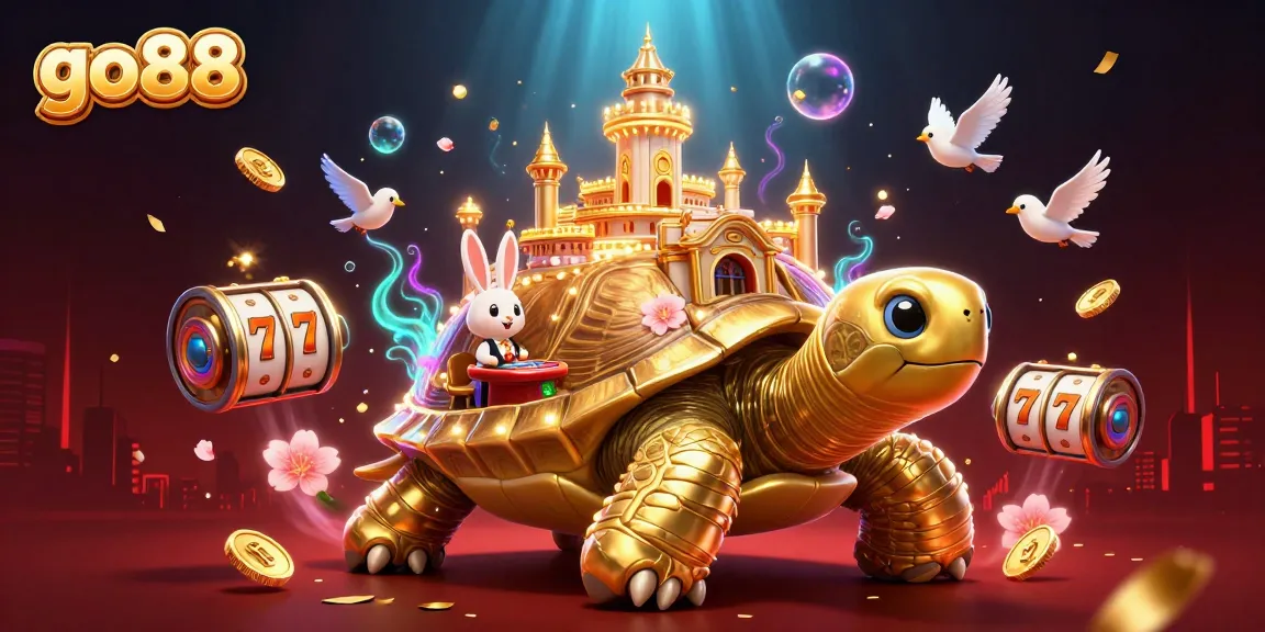 Experience thrilling wins at go88 with a vibrant scene of a golden tortoise and rabbit dealer amidst dynamic casino elements.
