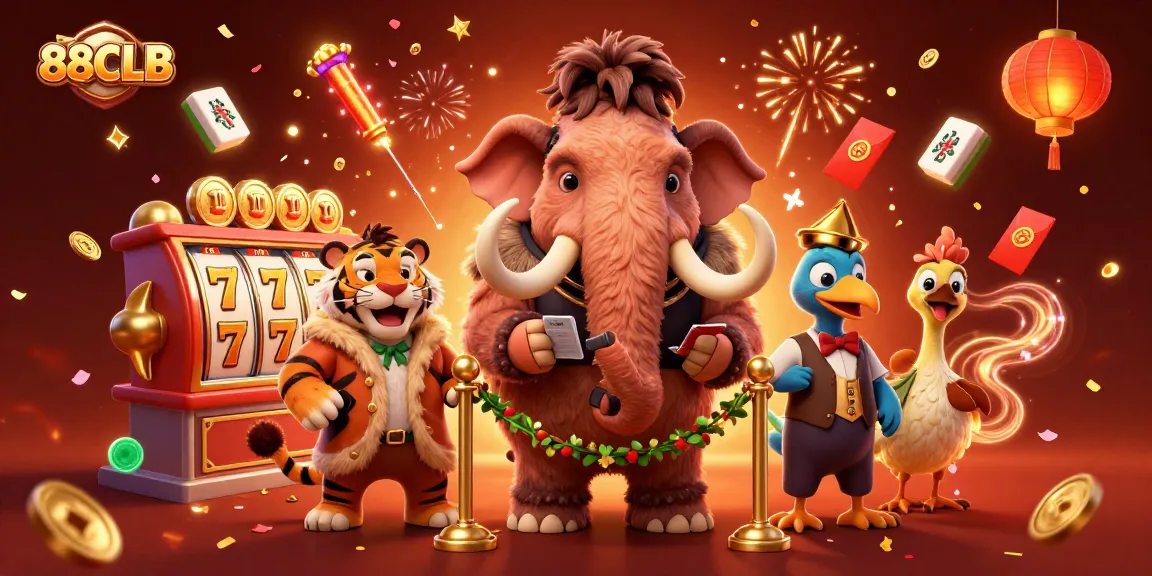 Engage with 88CLB's vibrant casino scene featuring a woolly mammoth, saber-tooth tiger, and dodo bird amidst dynamic gameplay elements.