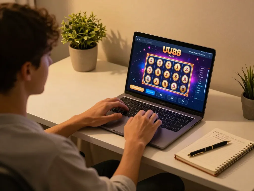 Experience thrilling gameplay with UU88 casino app on laptop in a cozy online gaming setup