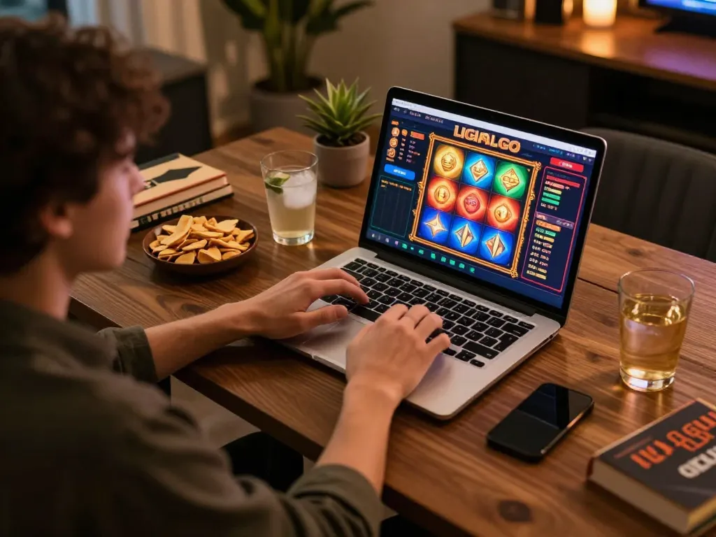 LIGALGO player engaged with exciting online slot game on cozy home setup, showcasing vibrant gameplay.