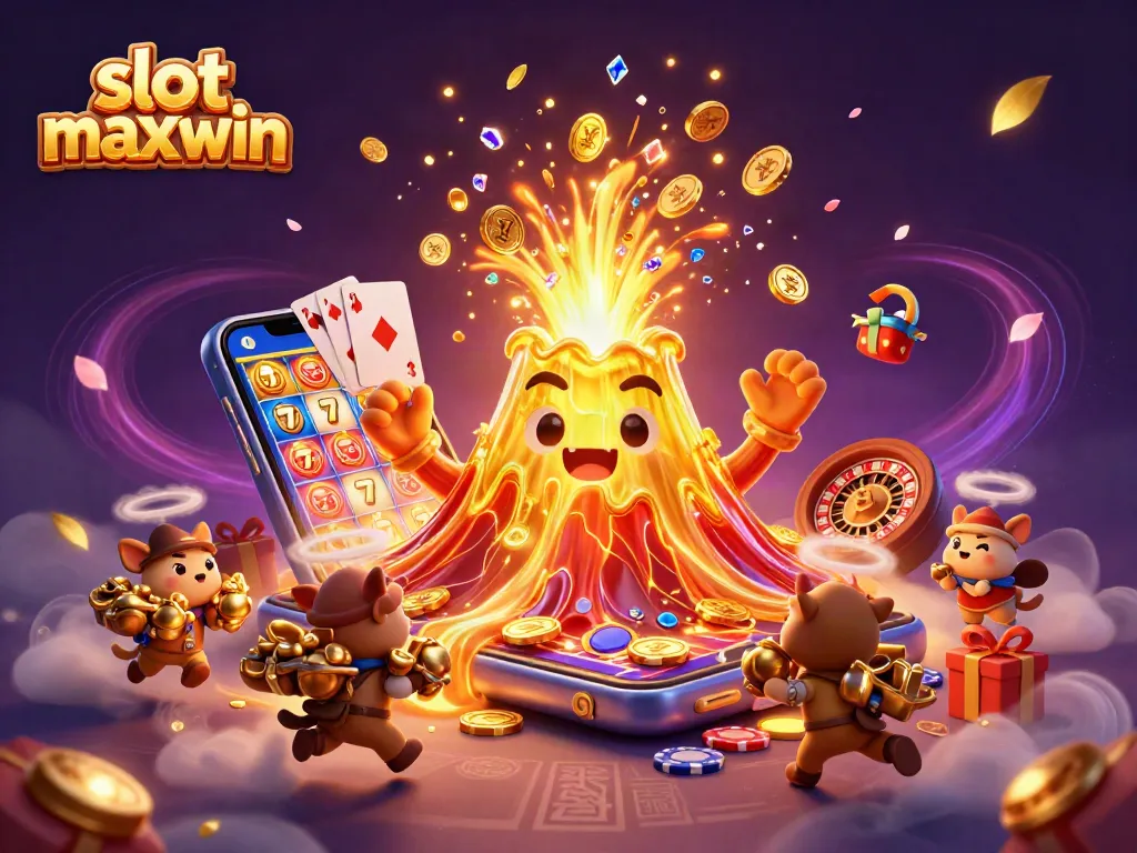 Spin the reels to hit slot maxwin with a golden volcano, coins, and treasure in a dynamic scene.