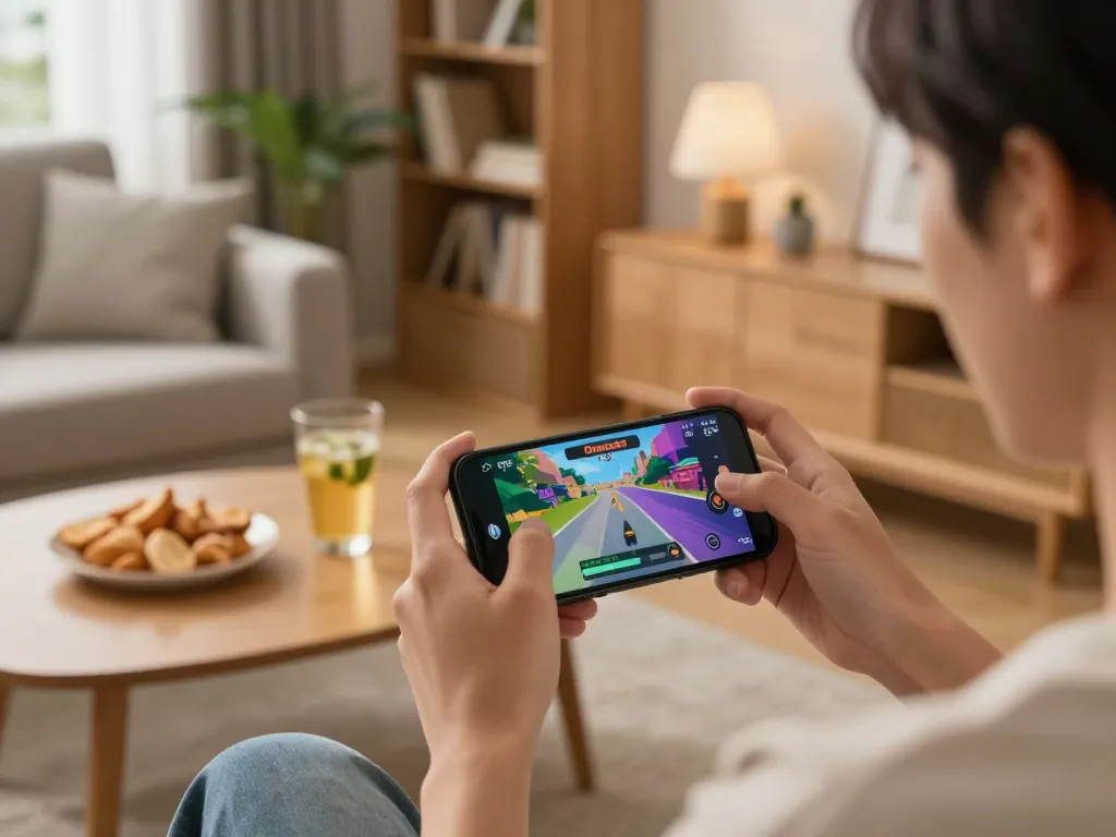 Person engaging with the Done55 app in a cozy living room setup, showcasing interactive gameplay