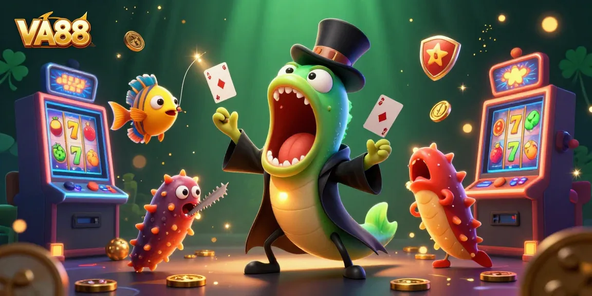 Win big with VA88's dynamic slot machine scene featuring card tricks and whimsical sea creatures.
