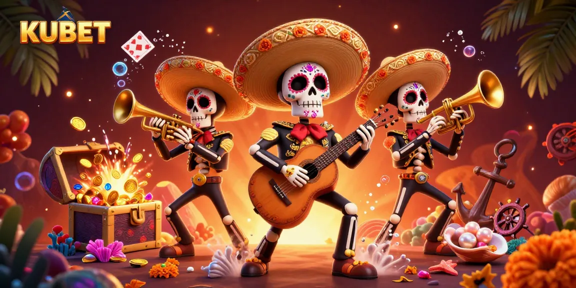 Experience KUBET's vibrant gaming world with lively mariachi skeletons amidst treasure and casino elements.