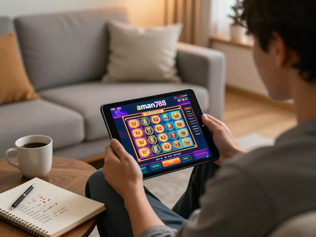 Berinteraksi dengan antarmuka kasino online aman788 melalui tablet di pengaturan rumah yang nyaman, menekankan gameplay yang mengasyikkan.