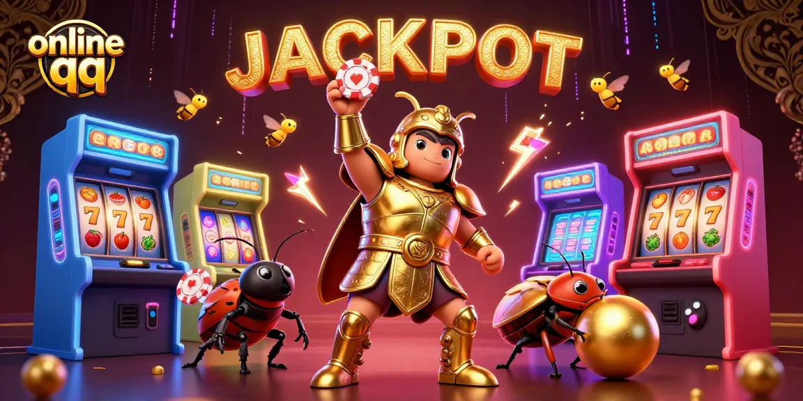Win big with online qq gaming in this vibrant 3D cartoon illustration of a beetle in golden armor.