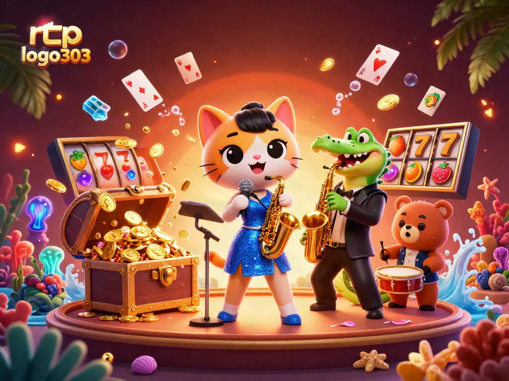 rtp logo303 menampilkan karakter kucing penyanyi jazz dengan latar panggung kasino yang kaya warna dan detail.