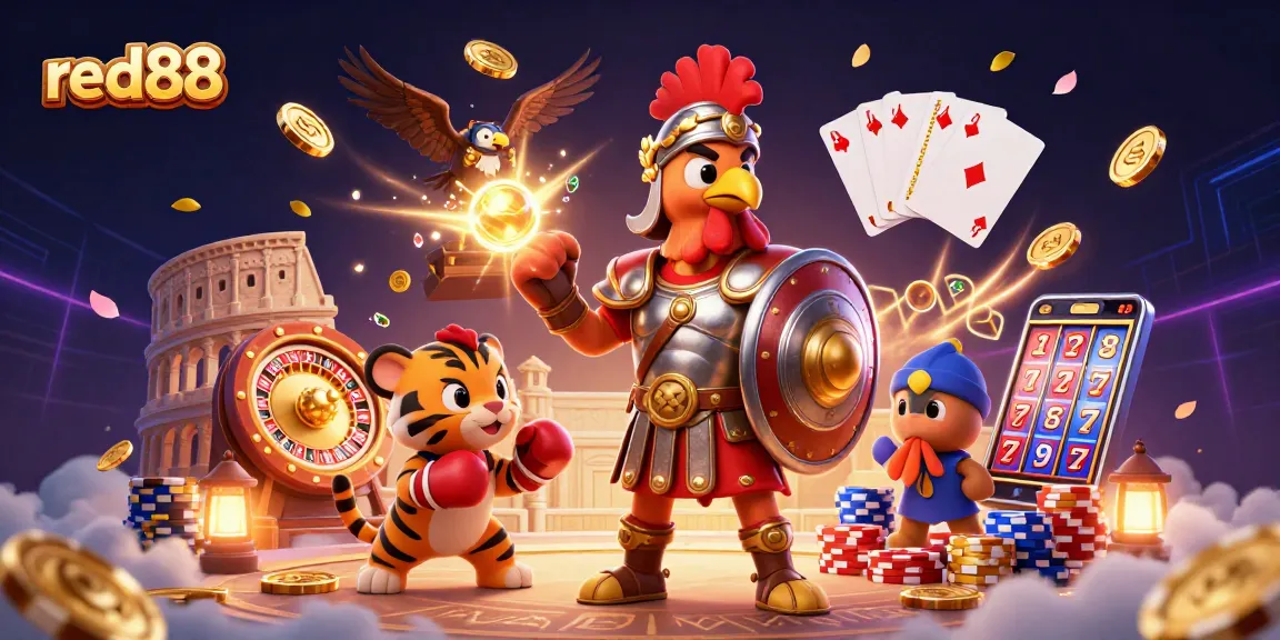 Experience excitement at red88 with a 3D illustration showcasing vibrant casino gaming elements.