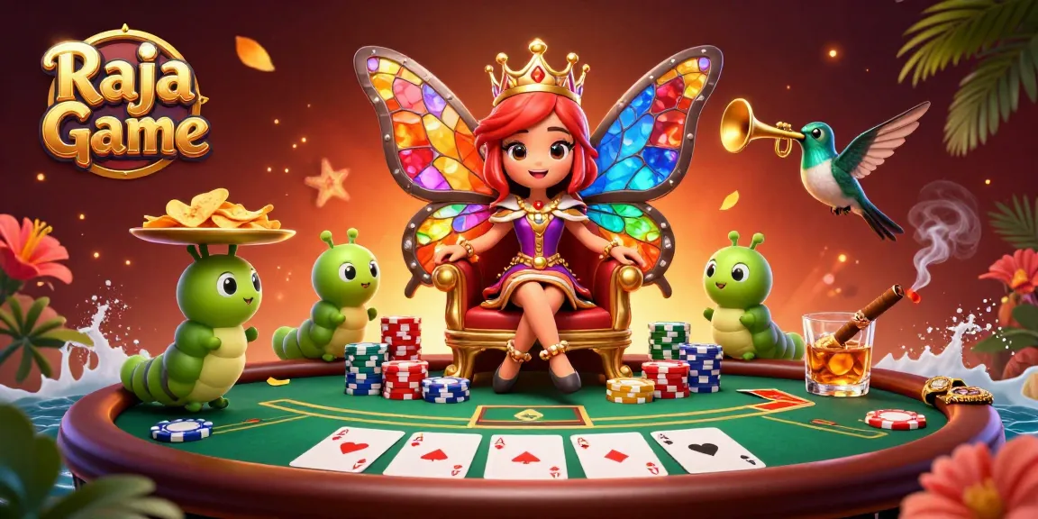Engage in thrilling Raja Game with vibrant butterfly queen and rich poker elements in a lively casino setting