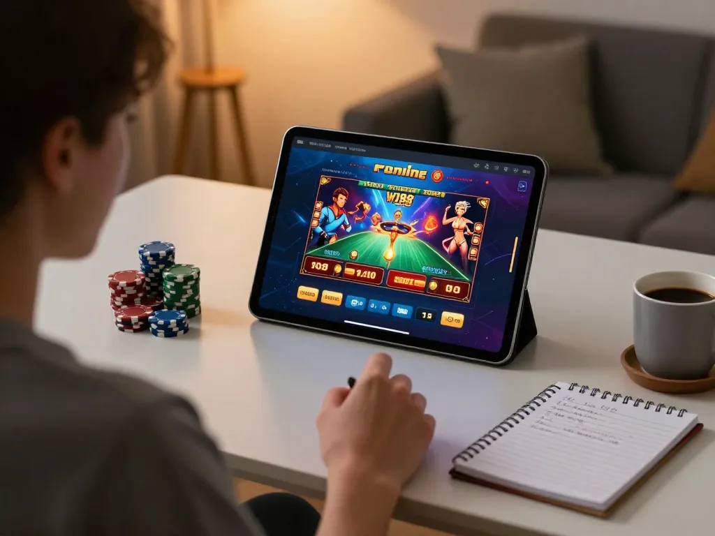 Engage with w188 online casino in a cozy home gaming setup, showcasing dynamic tablet gameplay and strategic elements.