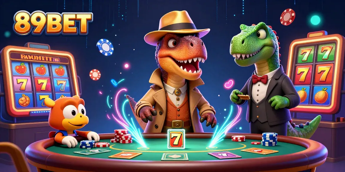 Experience thrilling casino action with 89BET's vibrant 3D scene featuring a velociraptor at a blackjack table.