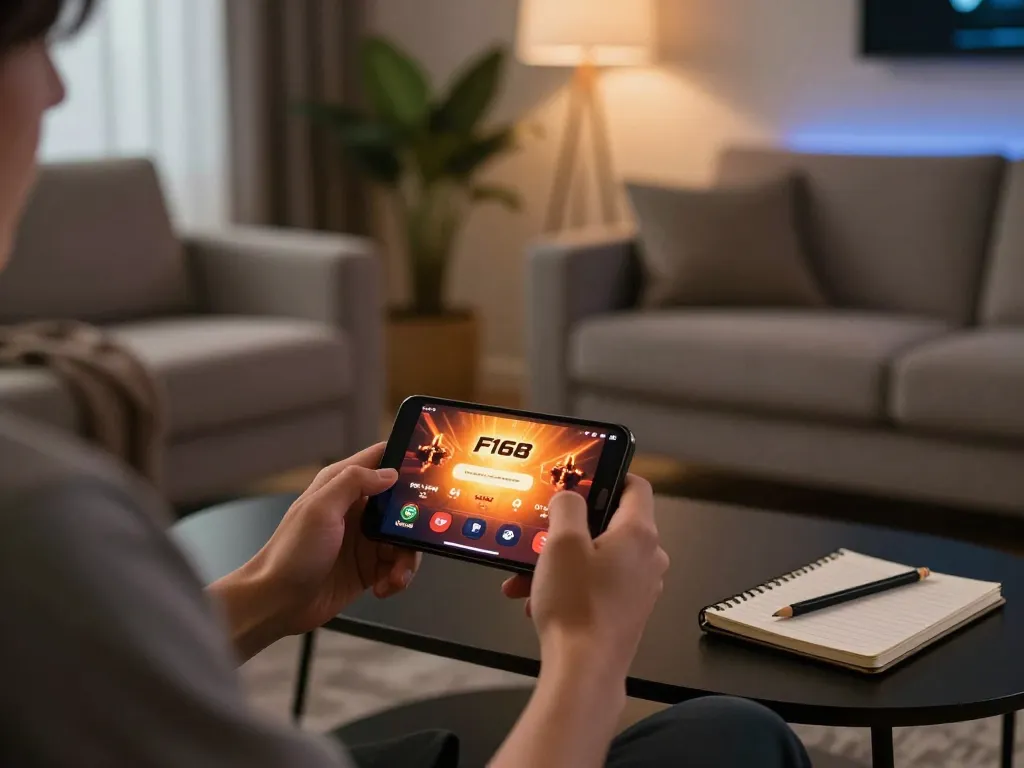 Player using the F168 app on smartphone for online gambling in cozy living room.