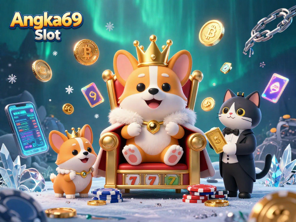 Experience Angka69 Slot with a royal corgi on a throne amidst vibrant casino elements.