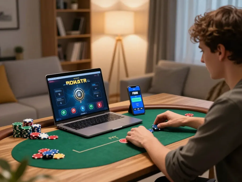 Engage in thrilling poker gameplay on the FB88 online platform using a modern home setup.