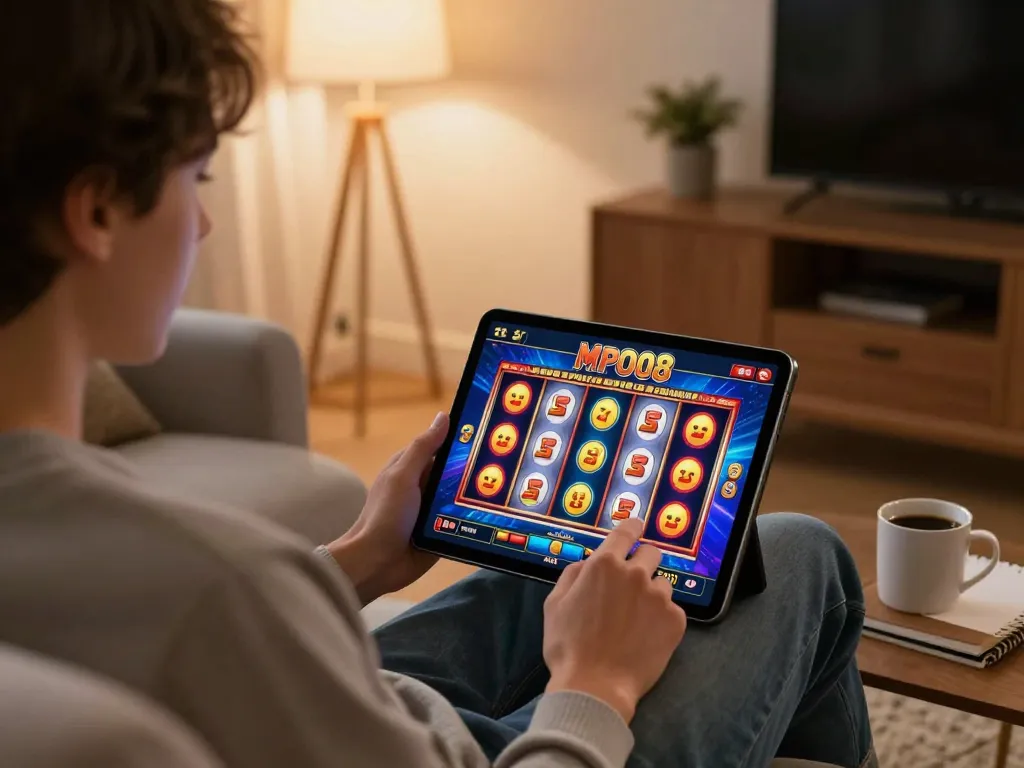 MPO08 casino app engaging slot machine gameplay on cozy home setup